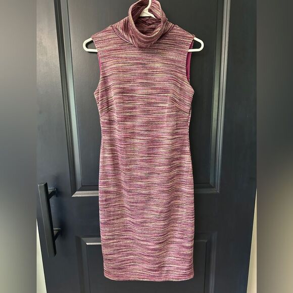 Chetta B Knit Metallic Turtleneck Sleeveless Dress Mauve Oink Purple Gold - Picture 1 of 7